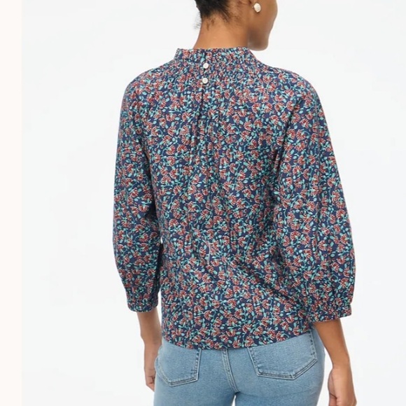 J. Crew Factory Printed Smocked-Neck Top Size XS Floral Navy Autumn High Neck - Picture 5 of 16